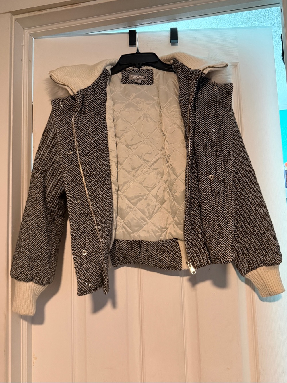 Rave Herringbone Wool Blend Faux Fur Hooded Winter Jacket Size Large